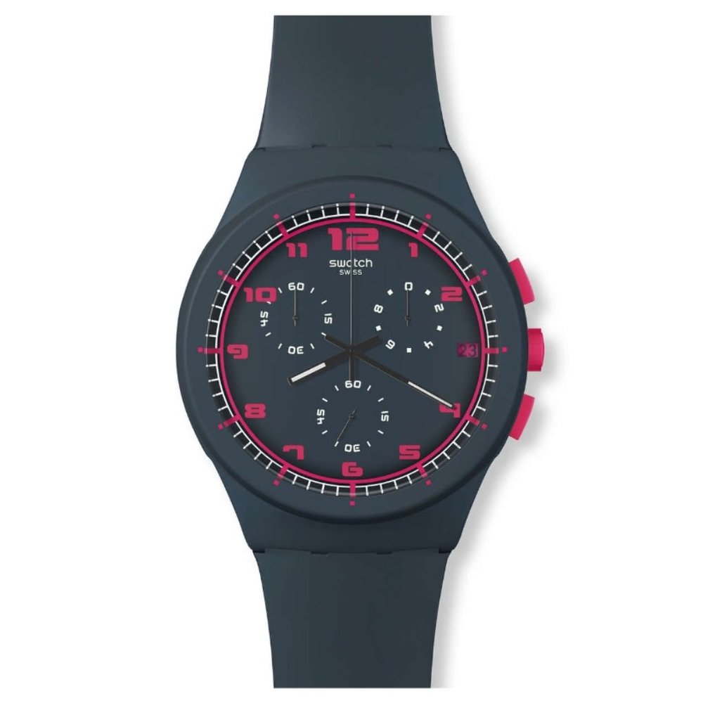 Swatch SUSA400 Unisex Touch of Fuchsia Chrono Plastic Grey Dial Watch NWT